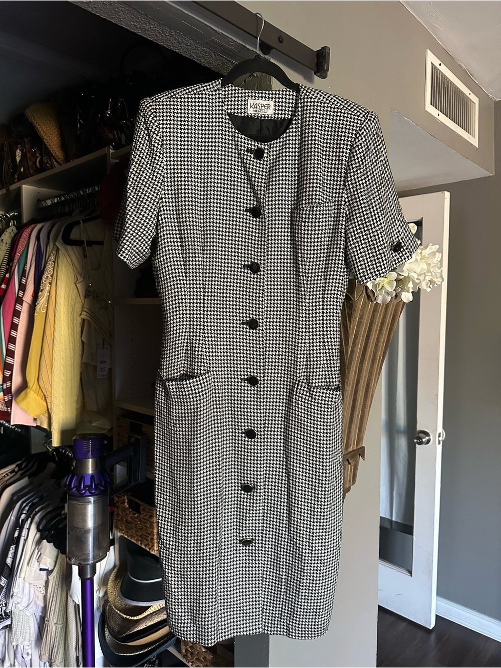 Vintage Black & White Houndstooth Button-Front Women's Dress